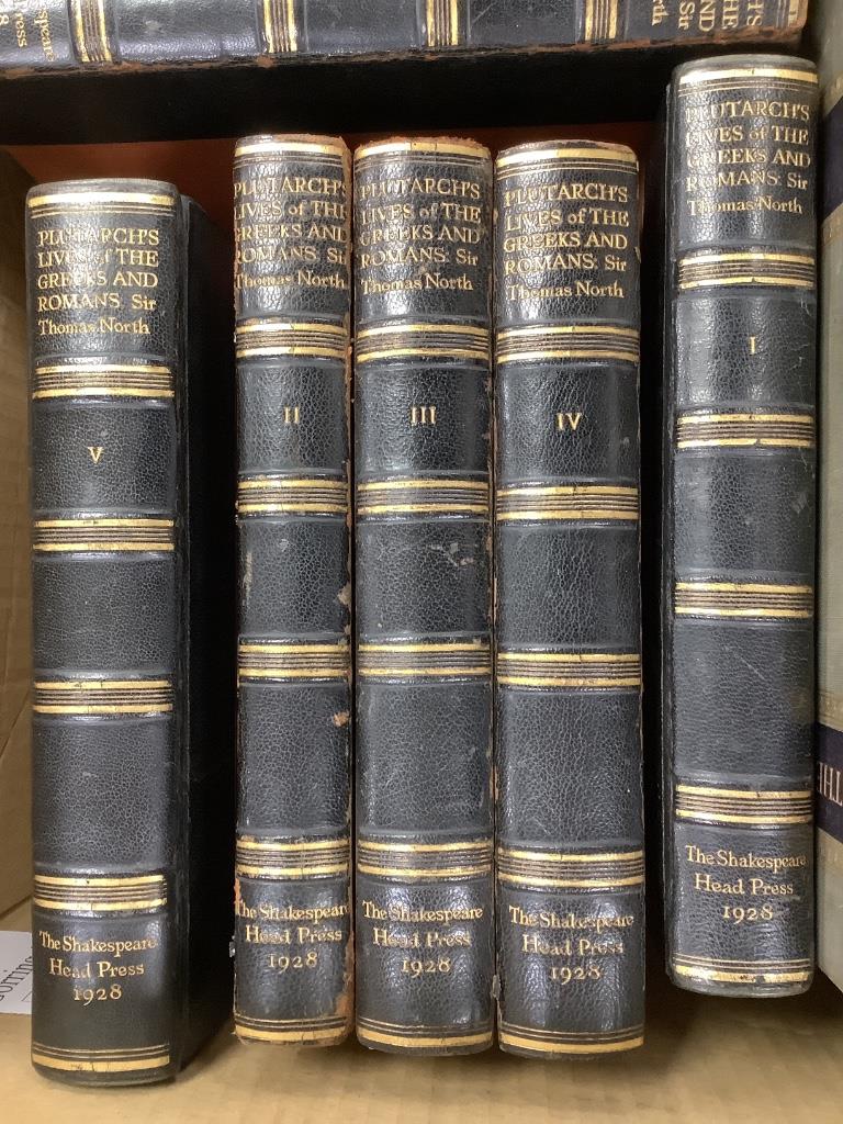 Plutarch, Lives of the Noble Grecians and Romans, translated by Sir Thomas North, half calf covers, printed at the Shakespeare Head Press, Stratford-upon-Avon and published for the press by Basil Blackwell, Oxford, a lim